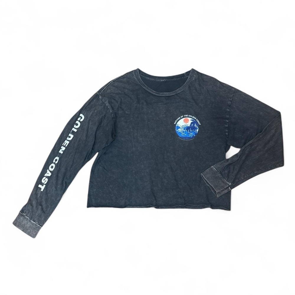 Brandy Melville John Galt Cali Washed Black Graphic Long-Sleeve Crop Top — OS